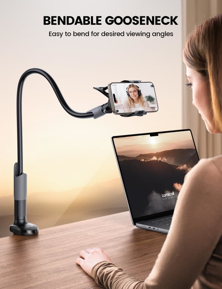 Phone Holder Bed Gooseneck Mount - Lamicall Cell Phone Stand Clamp Clip for Desk, Flexible Lazy Long Arm Headboard Bedside Mom Gift for iPhone 13 14 15 16 17 Pro Max Mini Plus, S24 S25 Ultra, 4-7" thumbnail 2