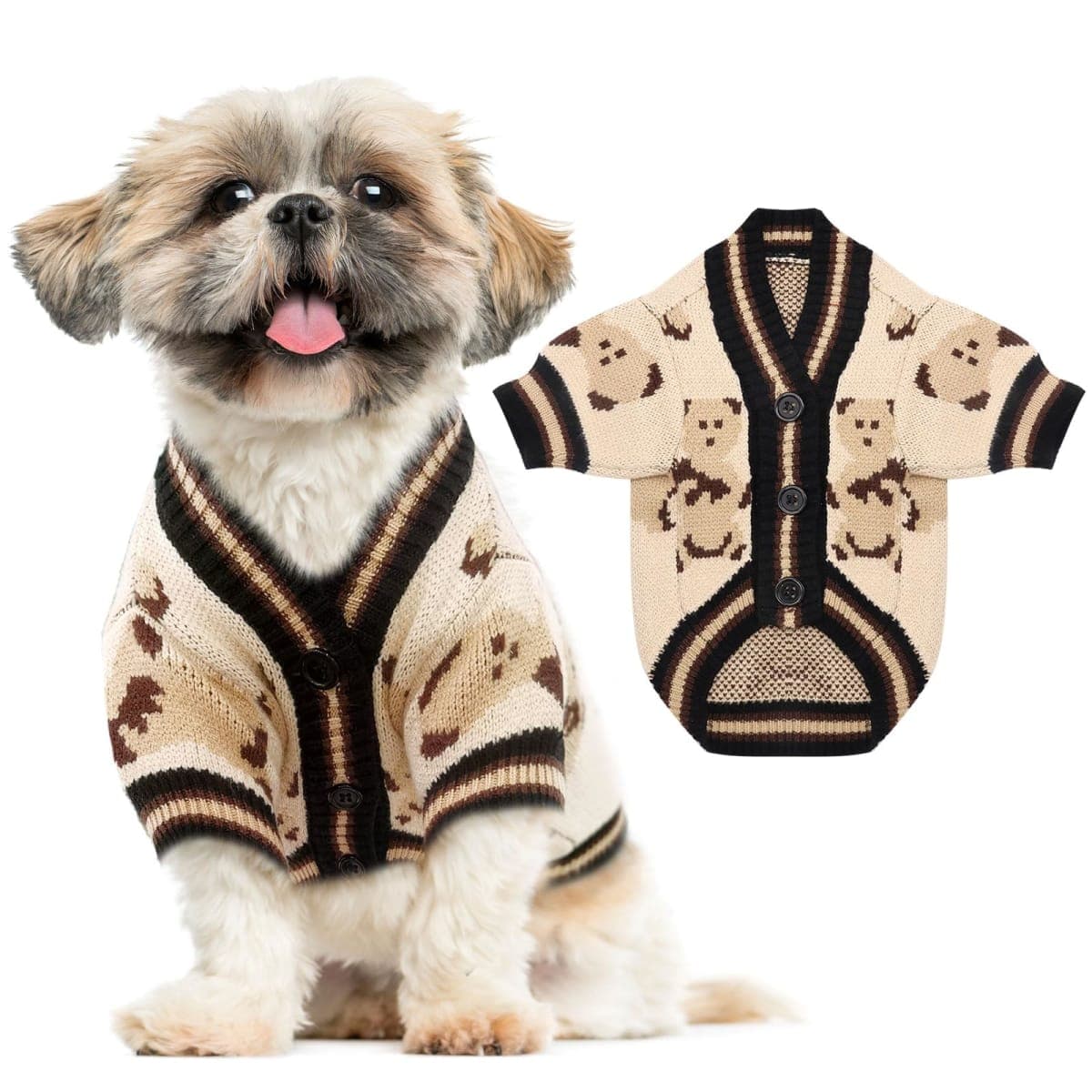 ABRRLO Small Dog Sweaters Cute Bear Dog Cardigans Clothes for Small Medium Dogs Boy Girl Puppy Cat Knitting Cardigan Outfits Dogs Winter Coats Warm Pet Doggy Clothes Soft Knitwear Apparel (Beige,XS) — image 1