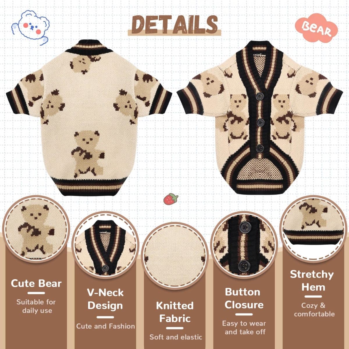 ABRRLO Small Dog Sweaters Cute Bear Dog Cardigans Clothes for Small Medium Dogs Boy Girl Puppy Cat Knitting Cardigan Outfits Dogs Winter Coats Warm Pet Doggy Clothes Soft Knitwear Apparel (Beige,XS) thumbnail 4