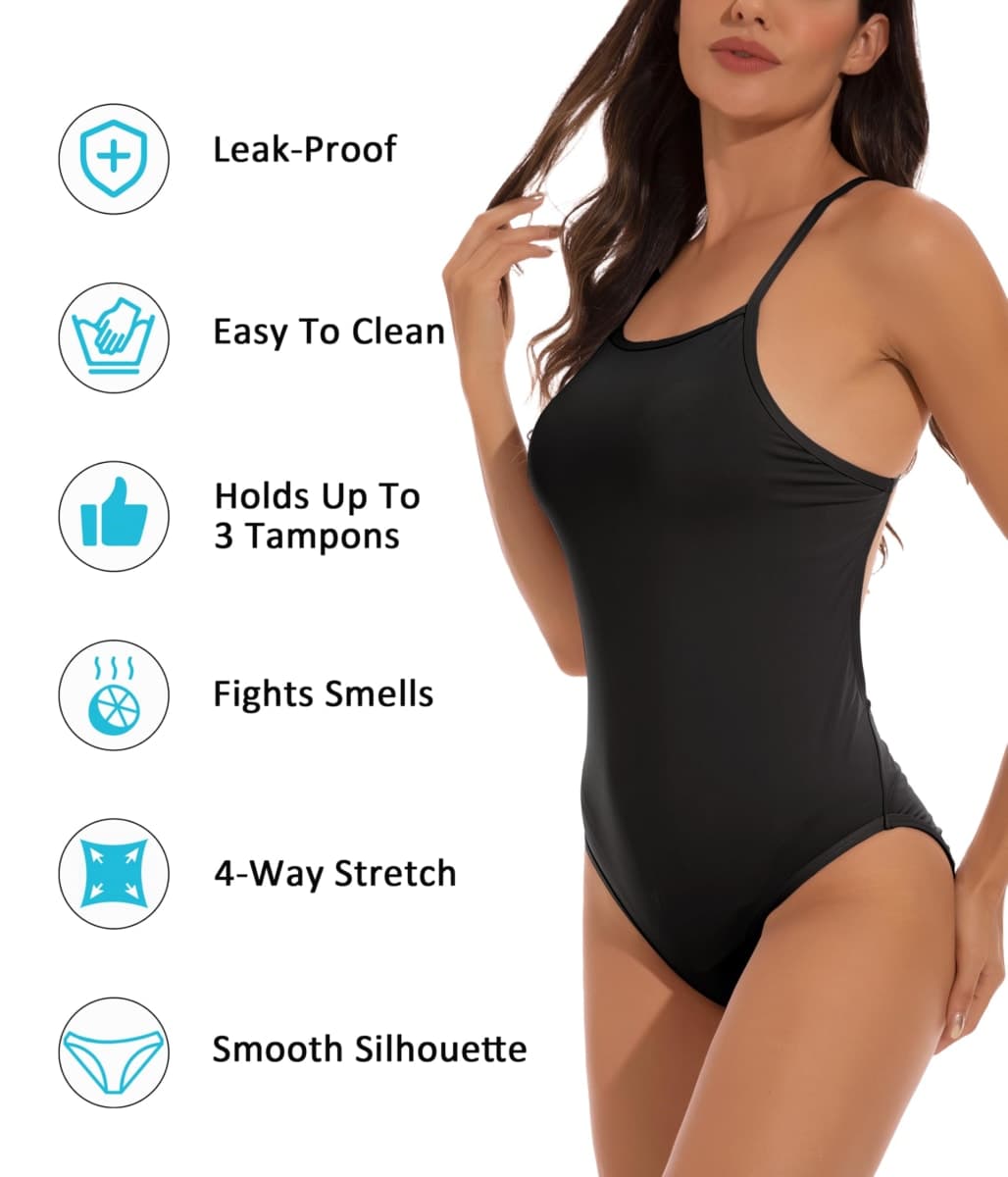 Beautikini Period Swimwear Women One Piece Menstrual Swimsuit Leakproof Racerback Athletic Bathing Suit for Teens Girls, Black, Large thumbnail 4