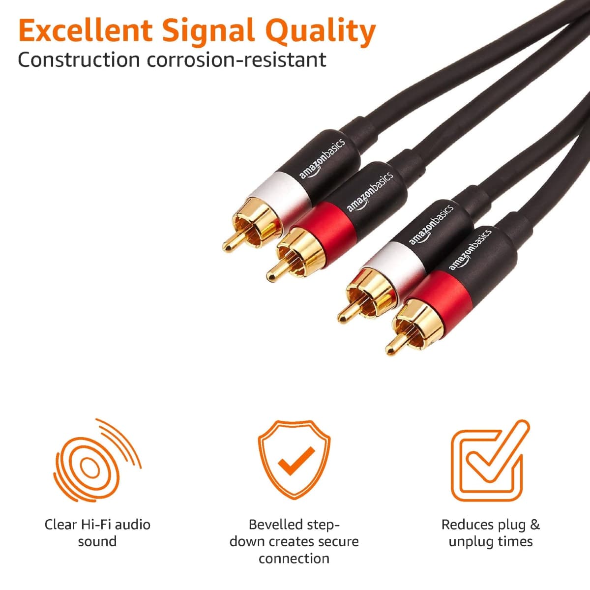 Amazon Basics 2 RCA Audio Cable for Amplifier,Active Speakers or Subwoofer with Gold-Plated Plugs, 2.4 m, Black thumbnail 3