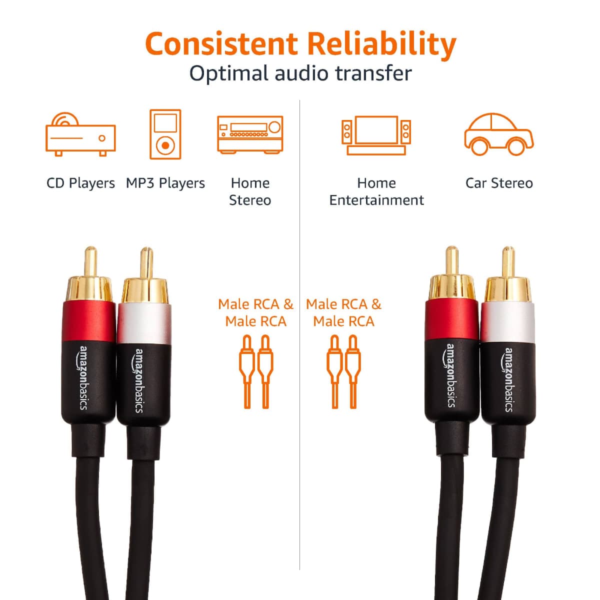 Amazon Basics 2 RCA Audio Cable for Amplifier,Active Speakers or Subwoofer with Gold-Plated Plugs, 2.4 m, Black thumbnail 4