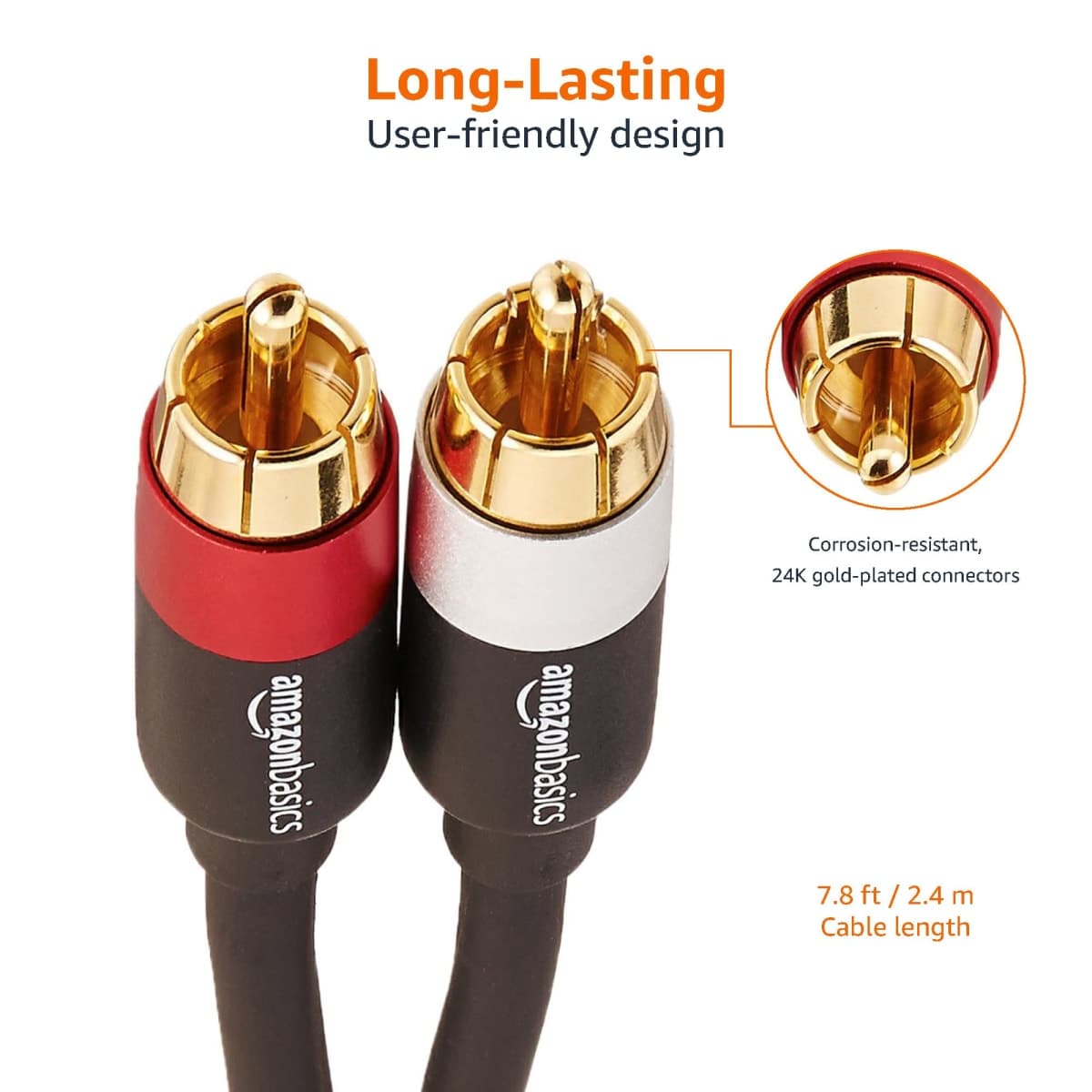 Amazon Basics 2 RCA Audio Cable for Amplifier,Active Speakers or Subwoofer with Gold-Plated Plugs, 2.4 m, Black thumbnail 5