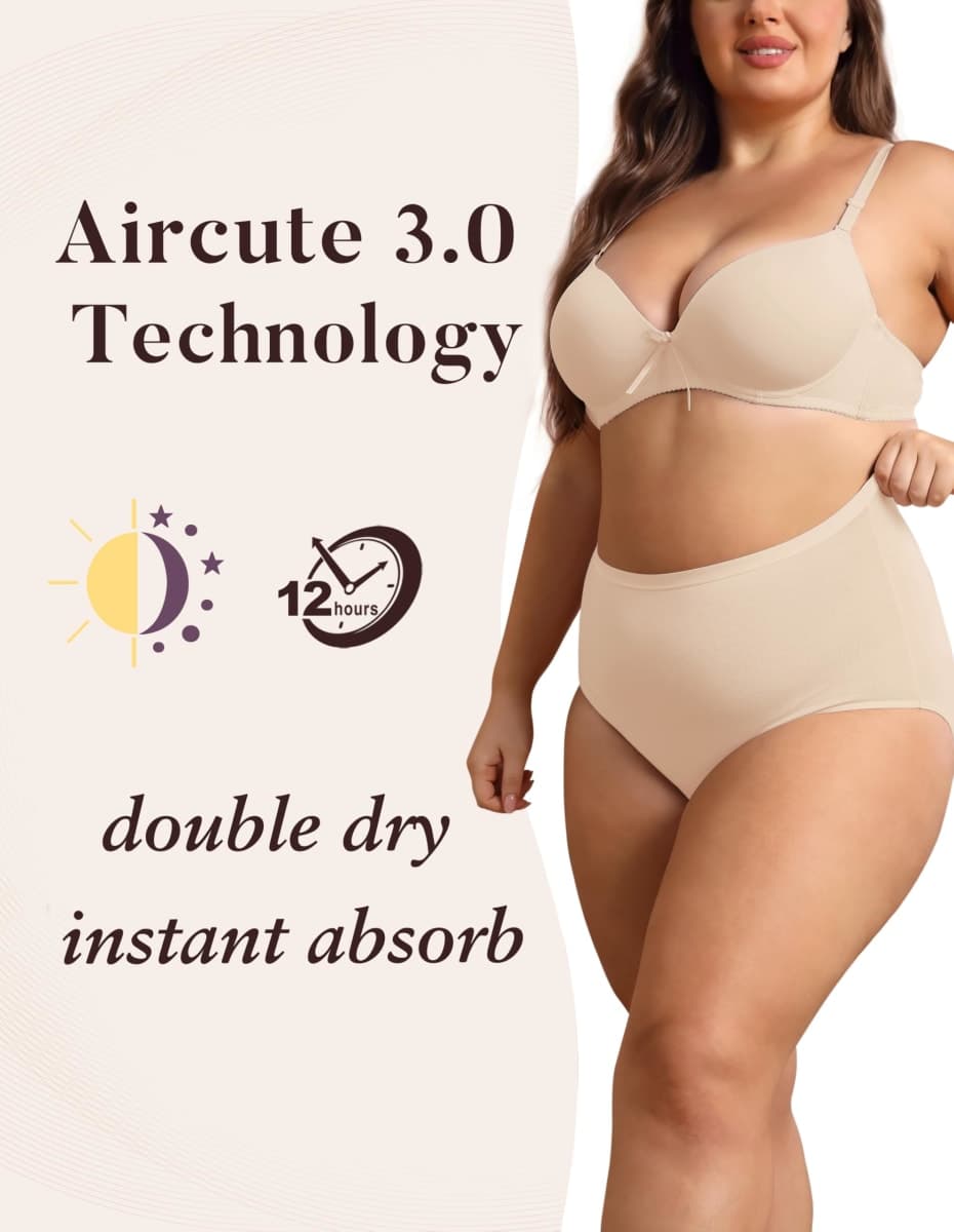 AIRCUTE Washable Urinary Incontinence Potective Underwear for Women Leak Proof Absorbent Cotton Panties 60ML 1 Pack (Beige, Medium) thumbnail 2