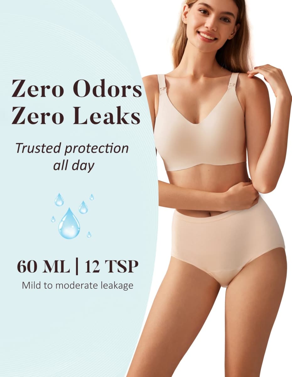 AIRCUTE Washable Urinary Incontinence Potective Underwear for Women Leak Proof Absorbent Cotton Panties 60ML 1 Pack (Beige, Medium) thumbnail 3