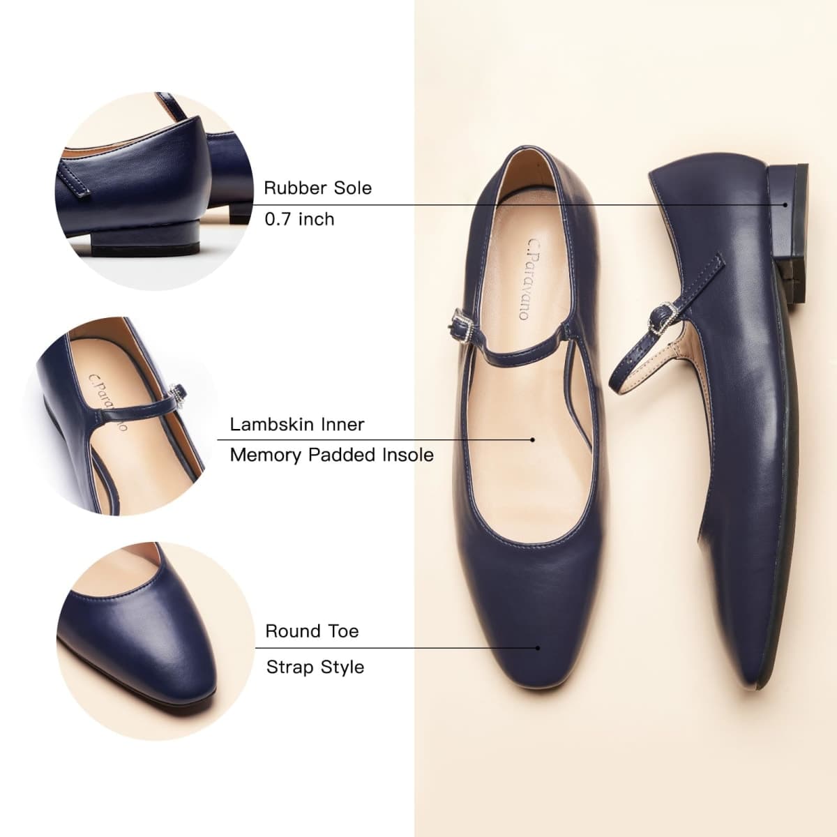 C.Paravano Mary Jane Shoes for Women | Womens Round Toe Flats | Strap Flats Shoes | Women's Flats | Mary Jane Flats | Leather Ballet Flats | Dressy Casual Work Office Party | Low Heel Dress Shoes, thumbnail 4