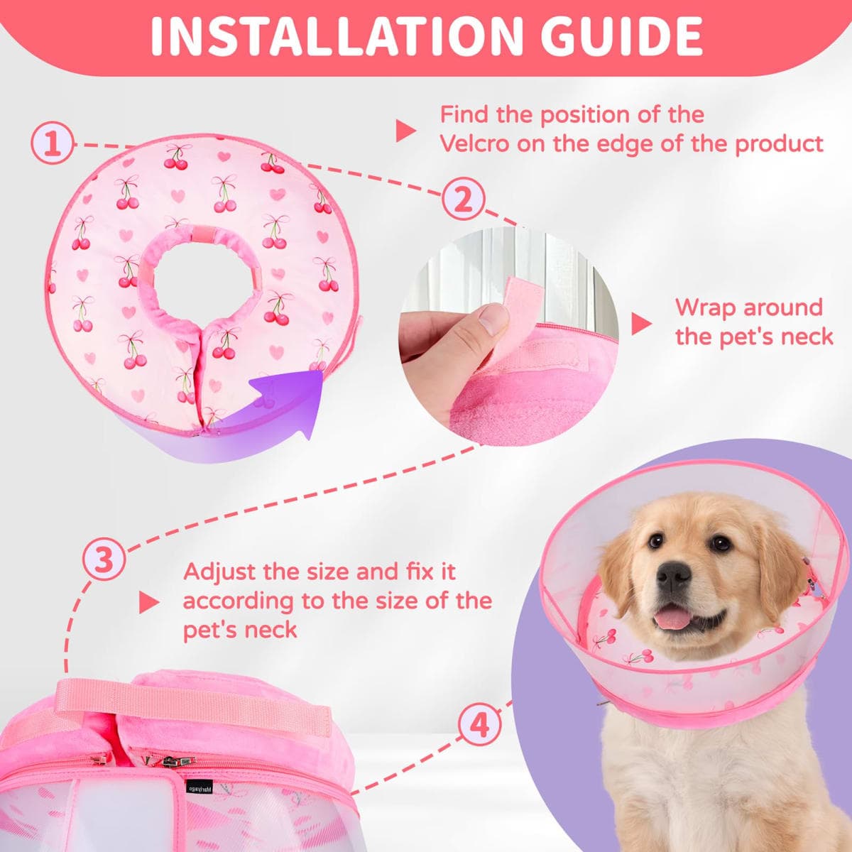 Inflatable Recovery Dog Cone Collar for Large Medium Dogs After Surgery, Soft Dog Donut Collar Adjustable Recovery Bone for Pets, Prevent from Biting & Scratching (Pink, XL) thumbnail 4
