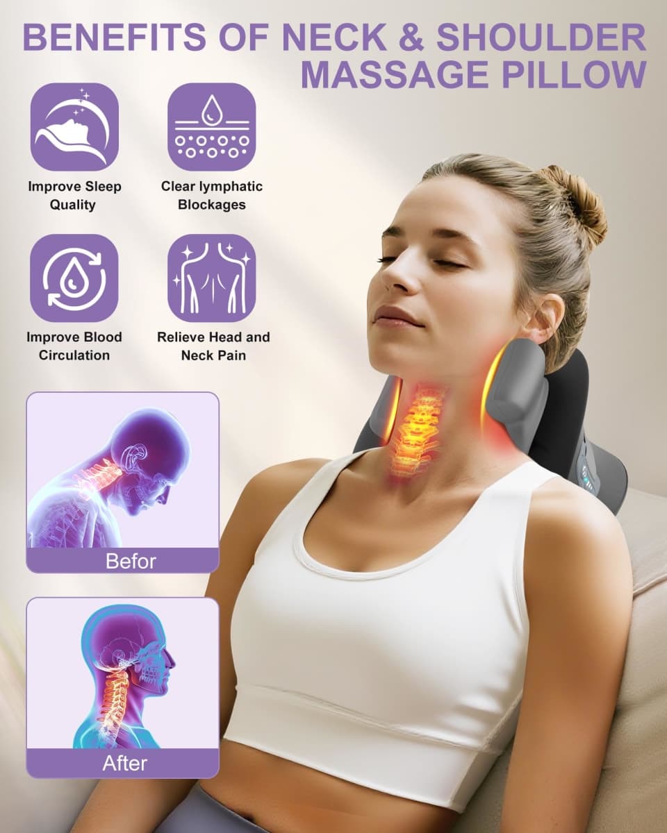 CRECAD Shiatsu Neck Massager with Heat, Cordless Portable Cervical Traction Device with 10-Minute Timer for Full Body Muscle Pain Relief, Electric Deep Tissue Kneading Massage Pillow(Black) thumbnail 2