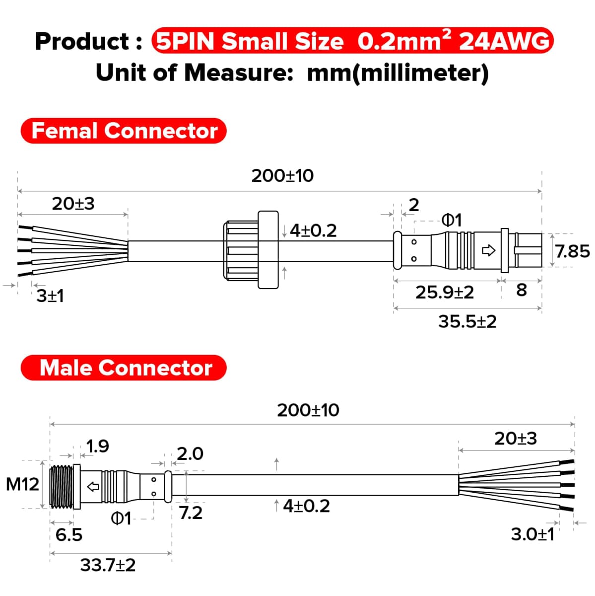 5 Pin Electrical Connector 24AWG IP65 Male Female Connector 7.87in/20cm Extension Cable for Car,Truck,Boat,Indoor/Outdoor LED Strip Lights/String 15mm Nut Small Size thumbnail 4