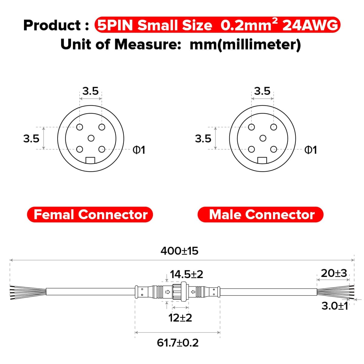 5 Pin Electrical Connector 24AWG IP65 Male Female Connector 7.87in/20cm Extension Cable for Car,Truck,Boat,Indoor/Outdoor LED Strip Lights/String 15mm Nut Small Size thumbnail 5