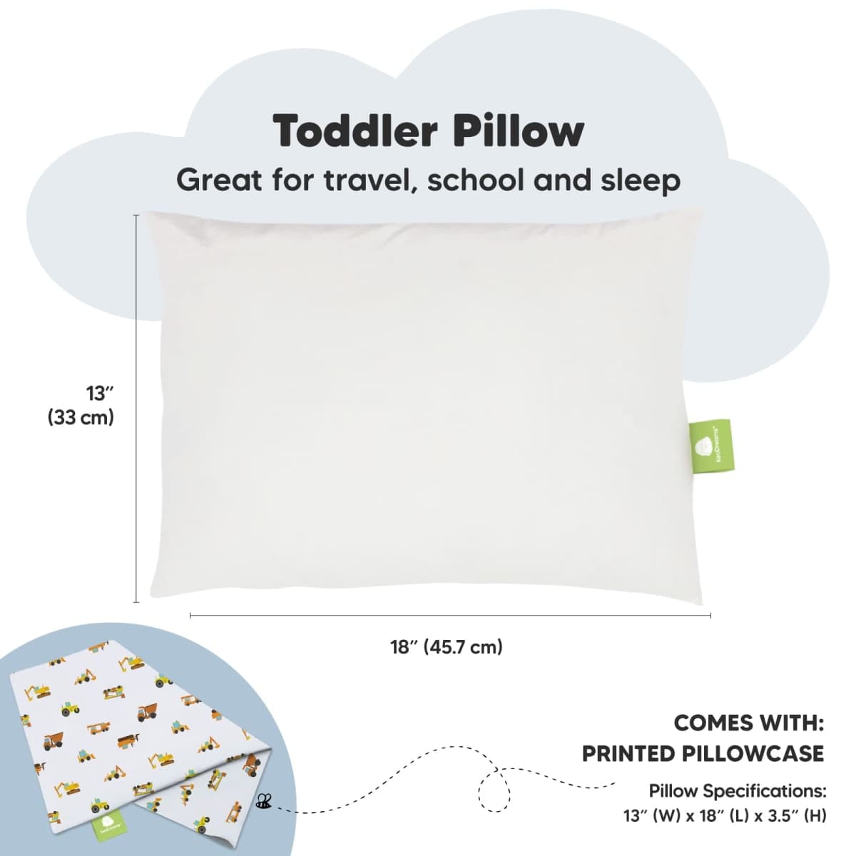 Toddler Pillow with Pillowcase - 13x18 My Little Dreamy Kids Travel Bed Pillows for Sleeping, Organic Cotton Small Pillowcase, Soft & Breathable, Machine Washable, Toddlers 2-5 Years Old (DinoDood) thumbnail 3