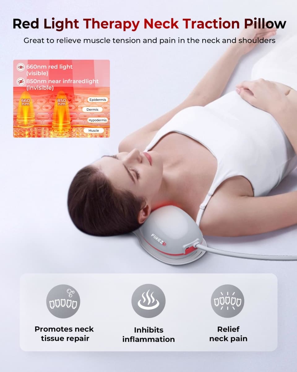 FliKEZE Heated Neck Stretcher with Red Light Therapy, Wireless Cervical Traction Device for TMJ Pain Relief and Shoulder Relaxer, Neck Traction Massager Pillow for Home/Office Used, Grey thumbnail 3