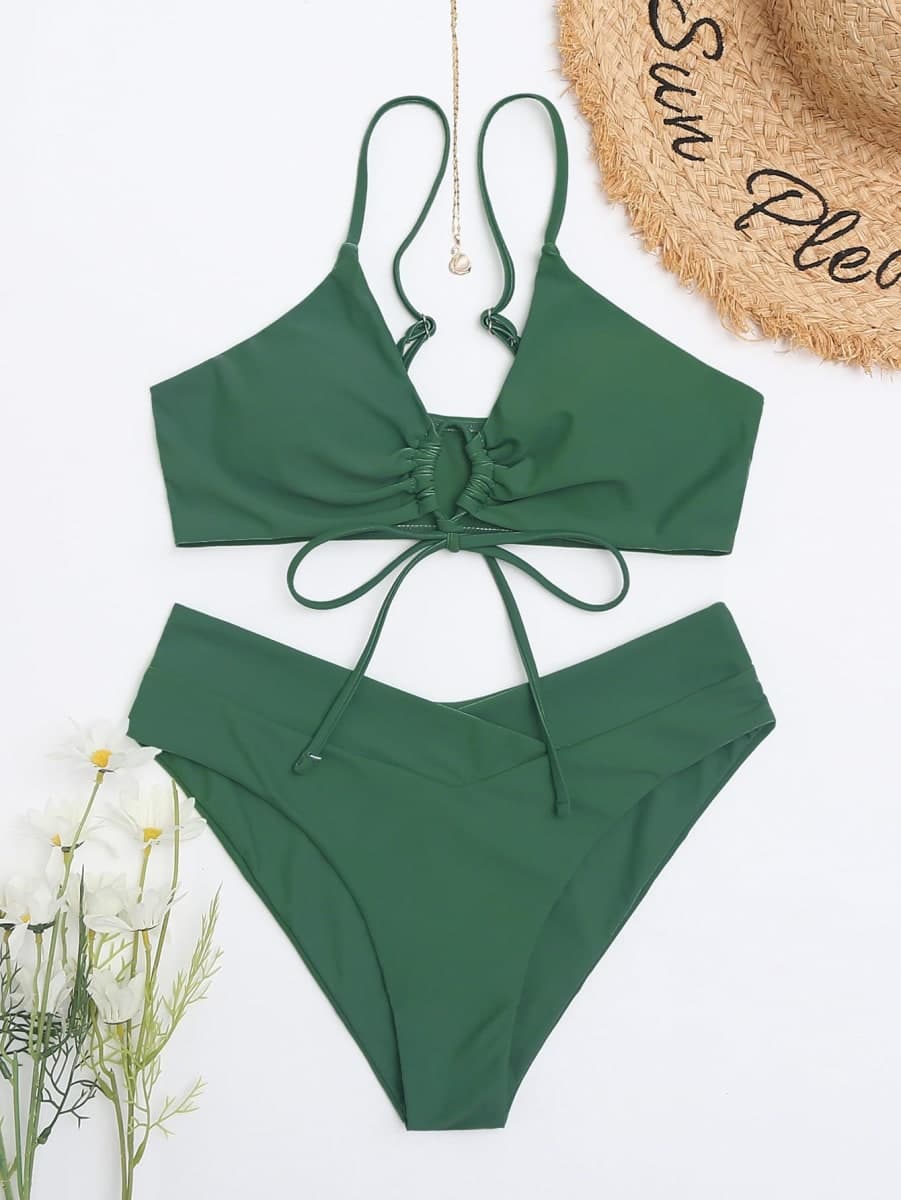 Meetall Women's High Cut String Triangle Bikini Set Swimsuits Sexy Bathing Suits 2 Piece, Dark Green, X-Large thumbnail 3