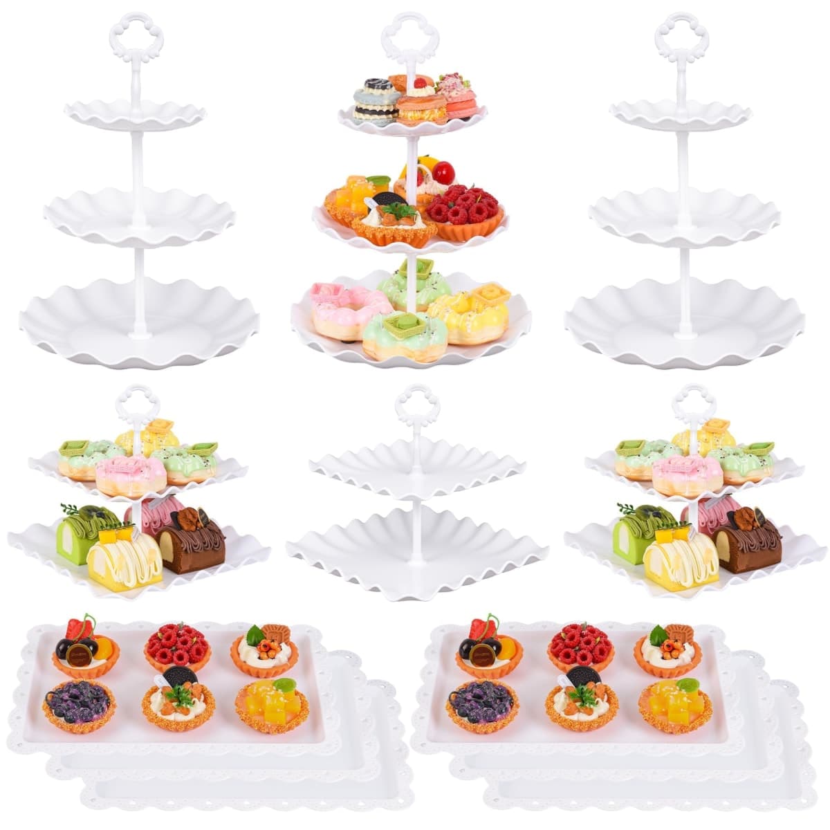 Jaevorite 12-Pack Dessert Table Display Set, 6 Cupcake Stands and 6 Dessert Trays, Plastic Dessert Display Stands and Cake Stands, Treat Table Displays Set for Wedding, Baby Shower, Tea Party (White) — image 1