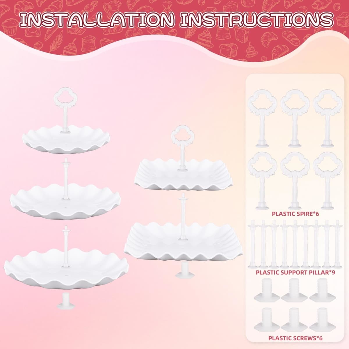 Jaevorite 12-Pack Dessert Table Display Set, 6 Cupcake Stands and 6 Dessert Trays, Plastic Dessert Display Stands and Cake Stands, Treat Table Displays Set for Wedding, Baby Shower, Tea Party (White) thumbnail 3