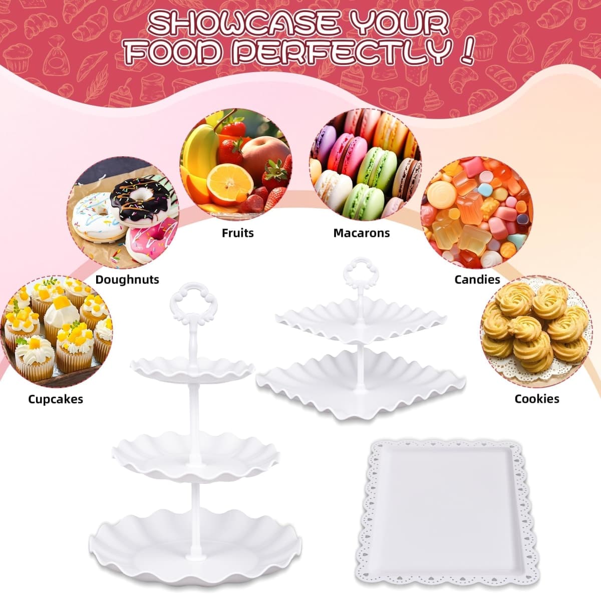 Jaevorite 12-Pack Dessert Table Display Set, 6 Cupcake Stands and 6 Dessert Trays, Plastic Dessert Display Stands and Cake Stands, Treat Table Displays Set for Wedding, Baby Shower, Tea Party (White) thumbnail 4