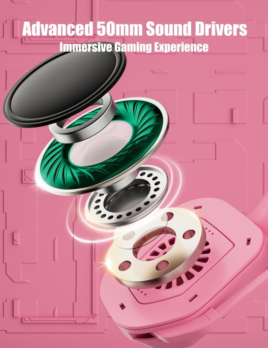 ZIUMIER Pink Gaming Headset with Detachable Cat Ears, Compatible with PS4 PS5 Xbox One PC Laptop, Over-Ear Headphones with LED RGB Light, Noise Canceling Mic, Stereo Surround Sound thumbnail 3