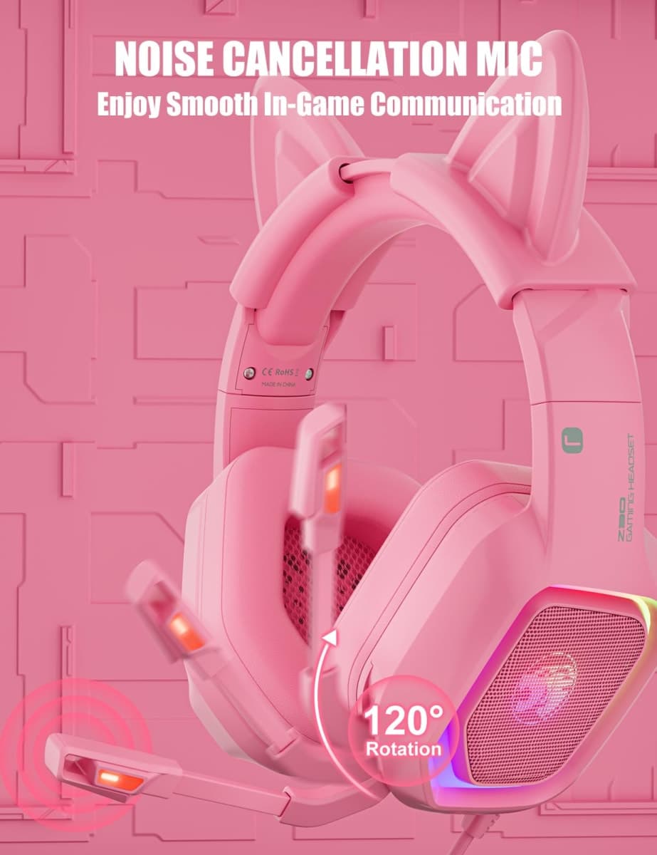 ZIUMIER Pink Gaming Headset with Detachable Cat Ears, Compatible with PS4 PS5 Xbox One PC Laptop, Over-Ear Headphones with LED RGB Light, Noise Canceling Mic, Stereo Surround Sound thumbnail 4