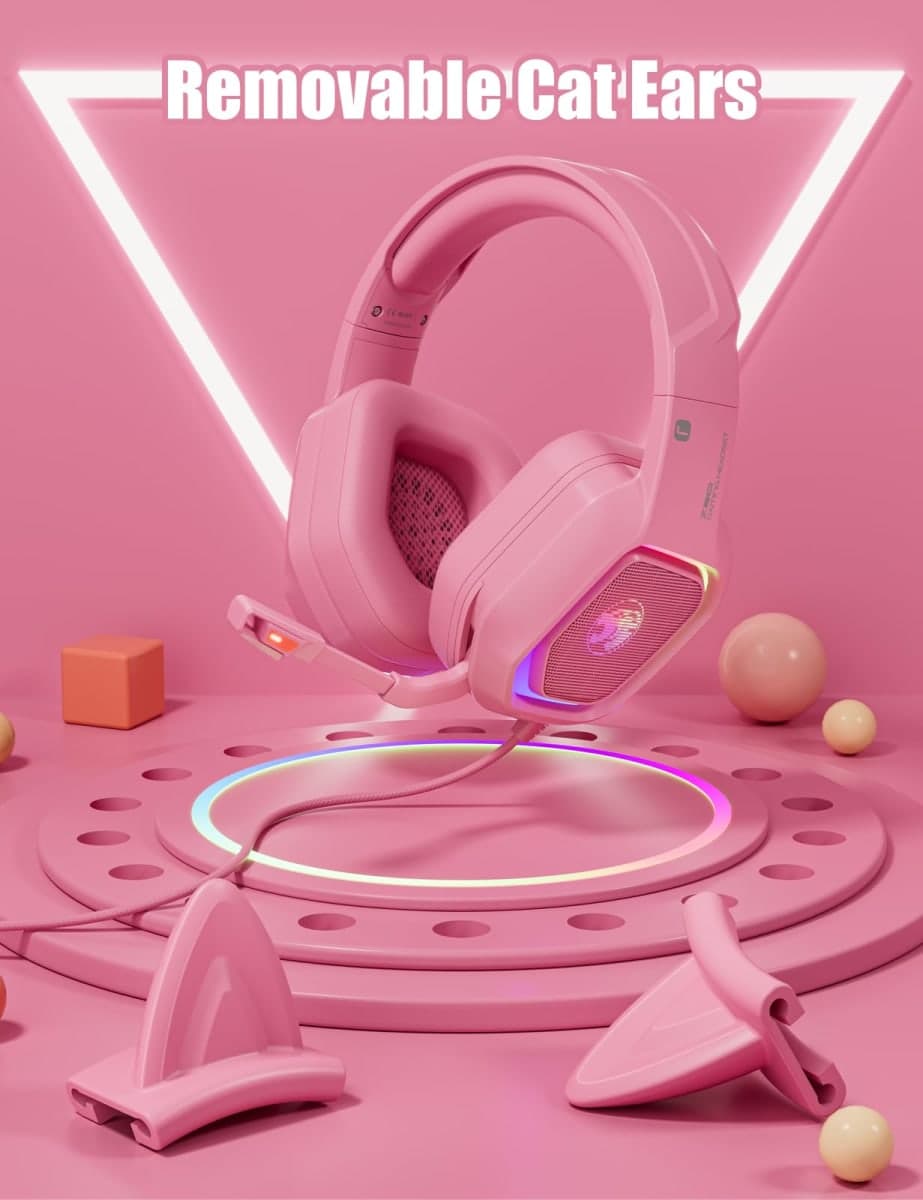 ZIUMIER Pink Gaming Headset with Detachable Cat Ears, Compatible with PS4 PS5 Xbox One PC Laptop, Over-Ear Headphones with LED RGB Light, Noise Canceling Mic, Stereo Surround Sound thumbnail 5