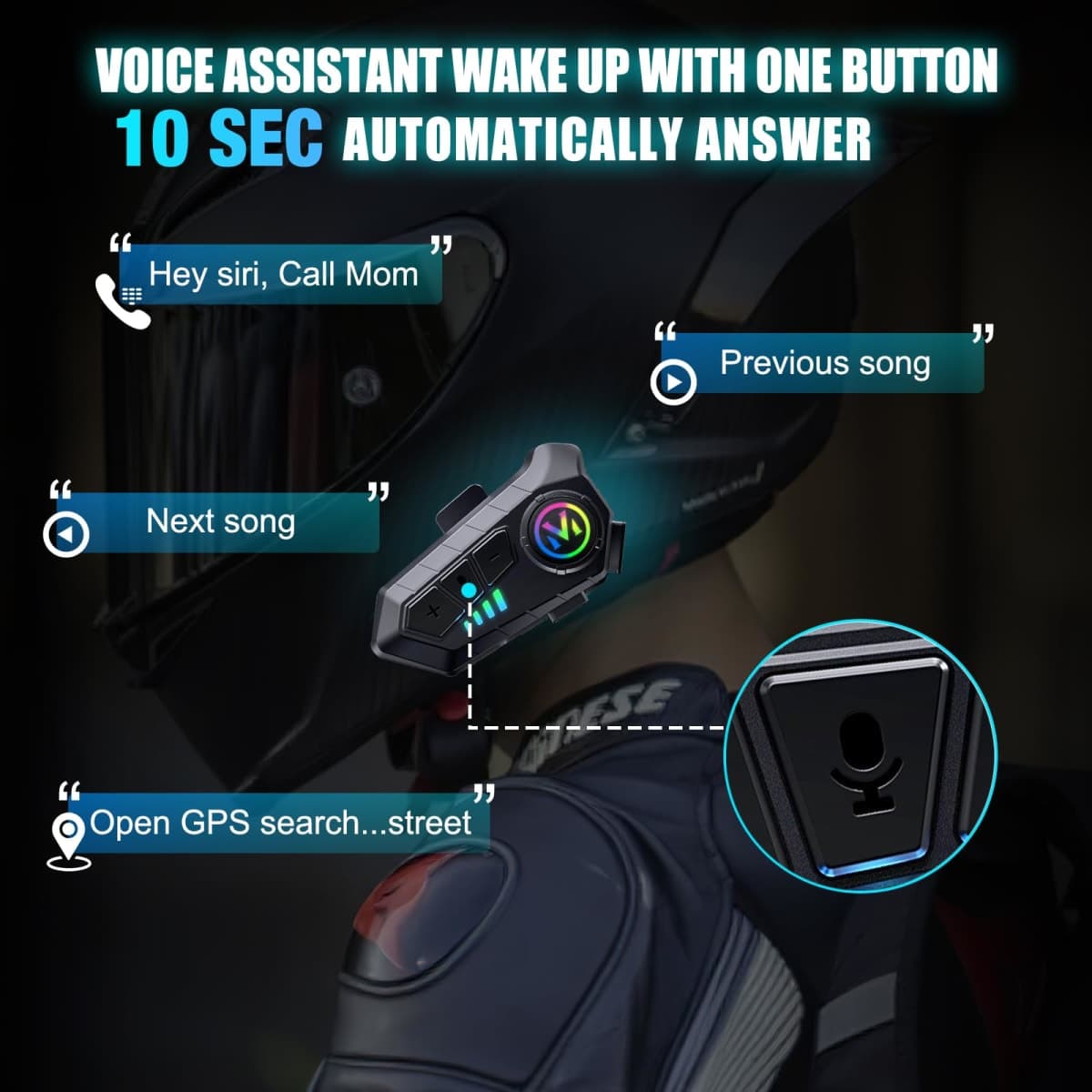Motorcycle Helmet Speakers - Super Long Battery Life, Helmet Headphones Single Use Headset with Soft/Hard Mic,IPX6 Automatic Answer/Music Control/Intelligent Noise/Wake up Siri - Y10 thumbnail 5
