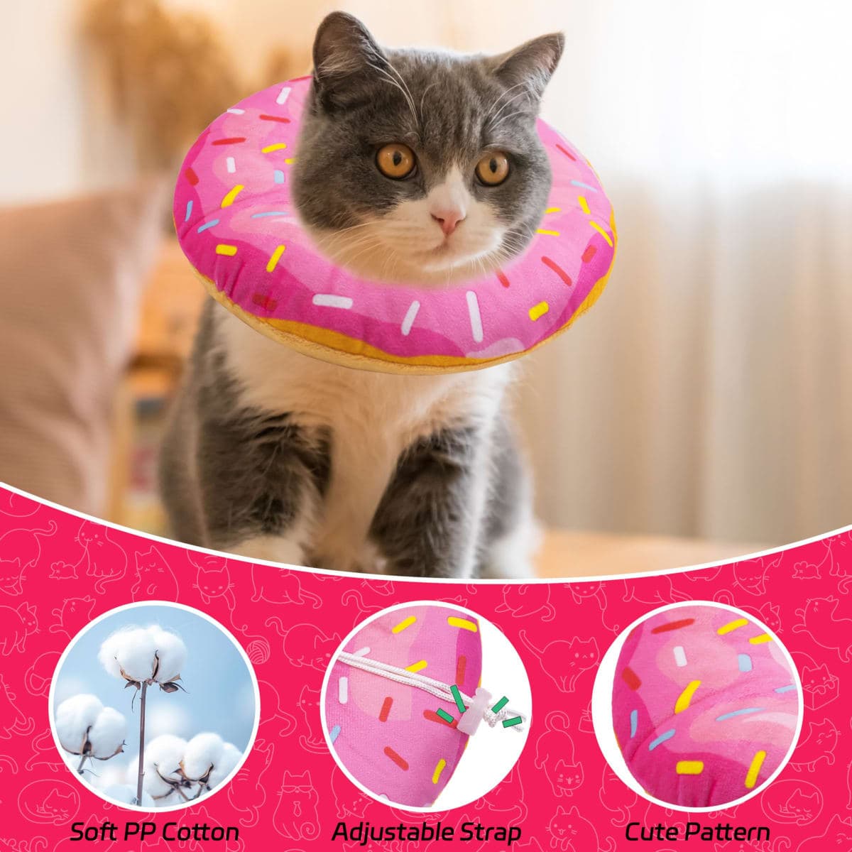Seyezo Cat Cone Collar Soft, Adjustable Cat Recovery Collars Spay Cones to Stop Licking, Cute Donut E Collar After Surgery, Anti-Lick Wound Healing Elizabethan Collar for Kittens (Donut Pink, Small) thumbnail 3