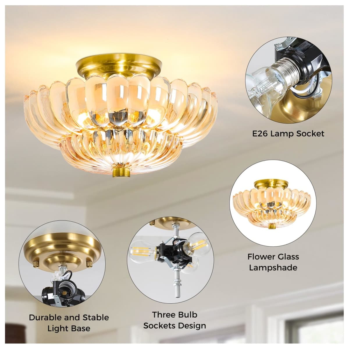 GloMuse Semi Flush Mount Ceiling Light Hallway Light Fixtures Modern Lighting Ceiling Light Fixture for Bedroom Hallway Brown 3 Light(Bulb Not Included) thumbnail 3