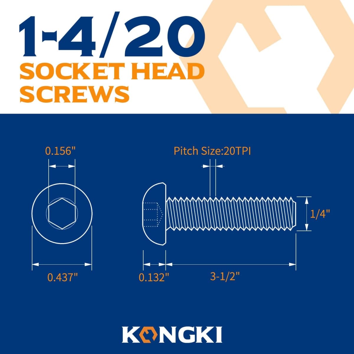 1/4-20 x 3-1/2 Button Head Socket Cap Screws, Stainless Steel 18-8(304), Black Oxide, Allen Hex Drive, Full Thread, 10 PCS (with Hex Spanner) thumbnail 3