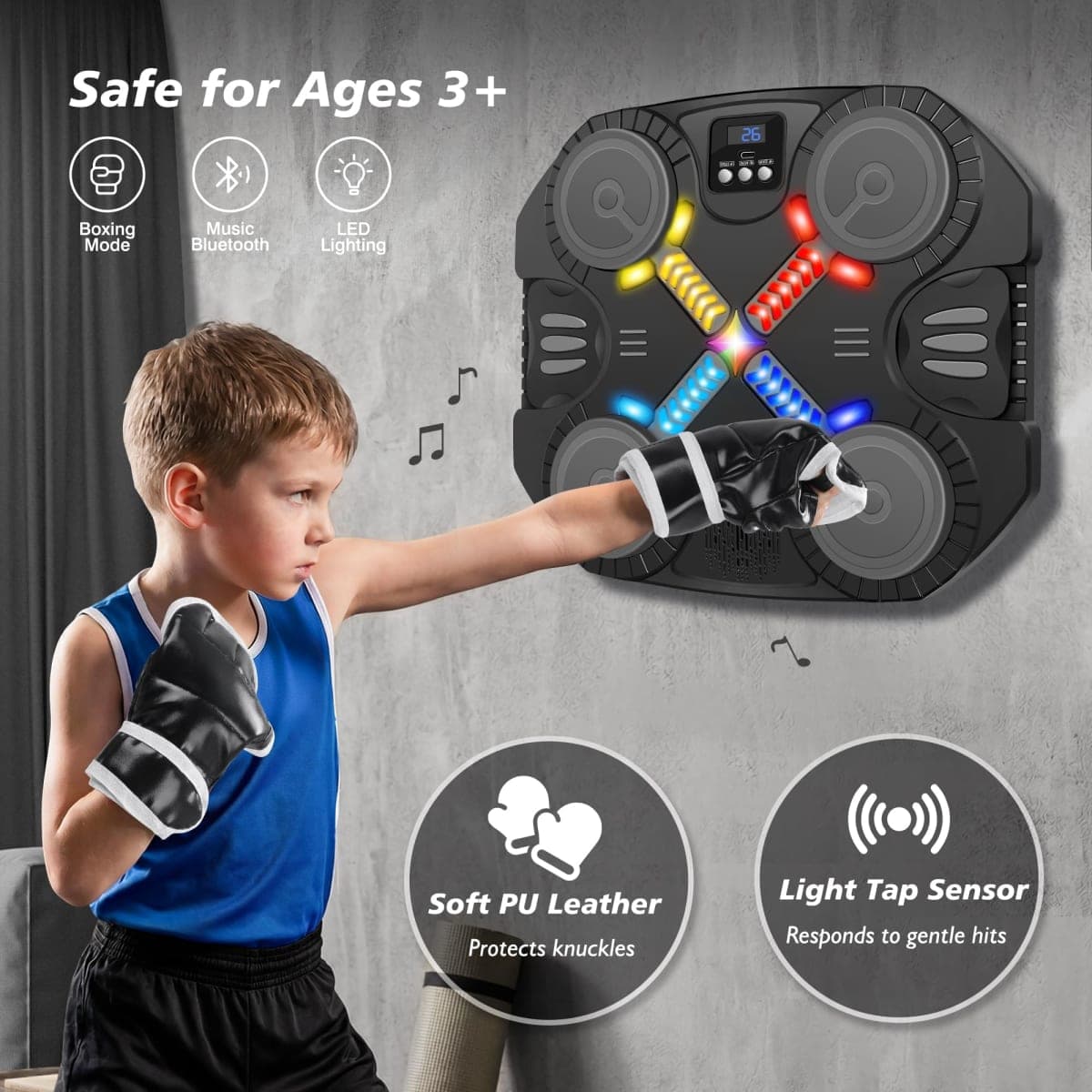 Music Boxing Machine Sport Toys for Kids,Wall Mounted Bluetooth Smart Punching Target,Training Pad Toy with Boxing Glove,Ideas Toys for Boys Girls Kids 3 4 5 6 7 8 9 10 11 12+ Years Old (Black) thumbnail 5