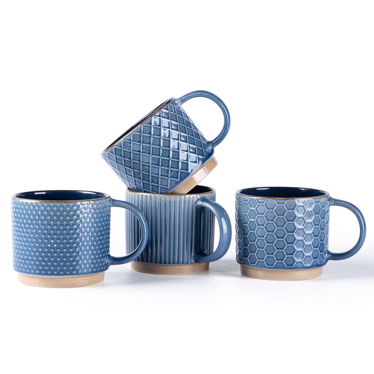 GBHOME 6 OZ Stackable Coffee Mugs, Ceramic Coffee Mugs with Texture Patterns for Man,Woman,Dad,Mom, Modern Coffee Cups Set of 4 for Espresso/Cappuccino/Cocoa. Dishwasher&Microwave Safe, Moonlight Blue — image 1