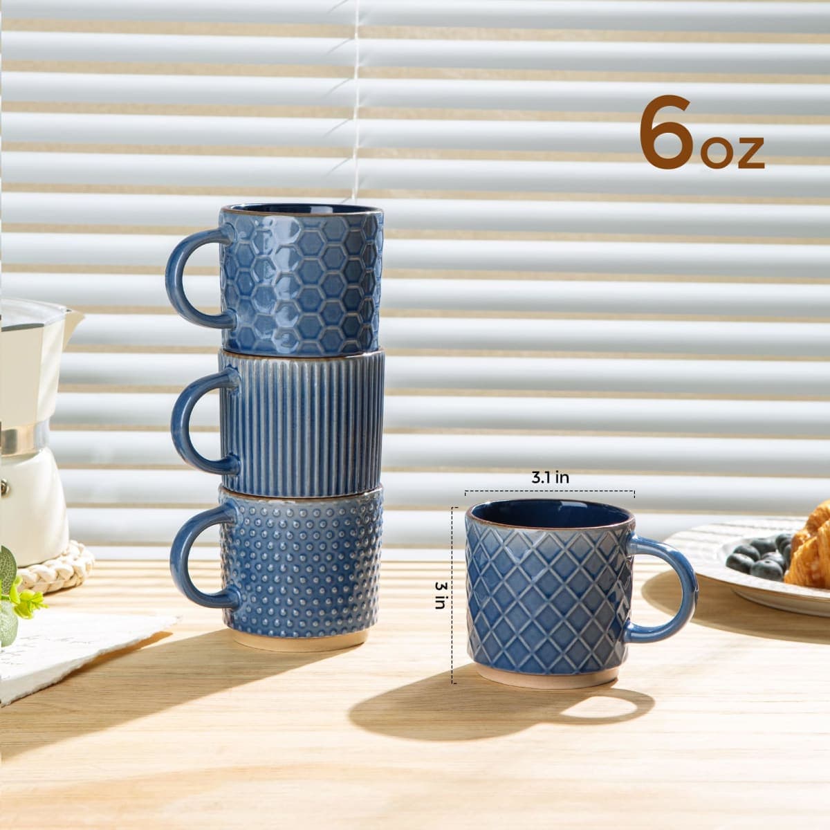 GBHOME 6 OZ Stackable Coffee Mugs, Ceramic Coffee Mugs with Texture Patterns for Man,Woman,Dad,Mom, Modern Coffee Cups Set of 4 for Espresso/Cappuccino/Cocoa. Dishwasher&Microwave Safe, Moonlight Blue thumbnail 2