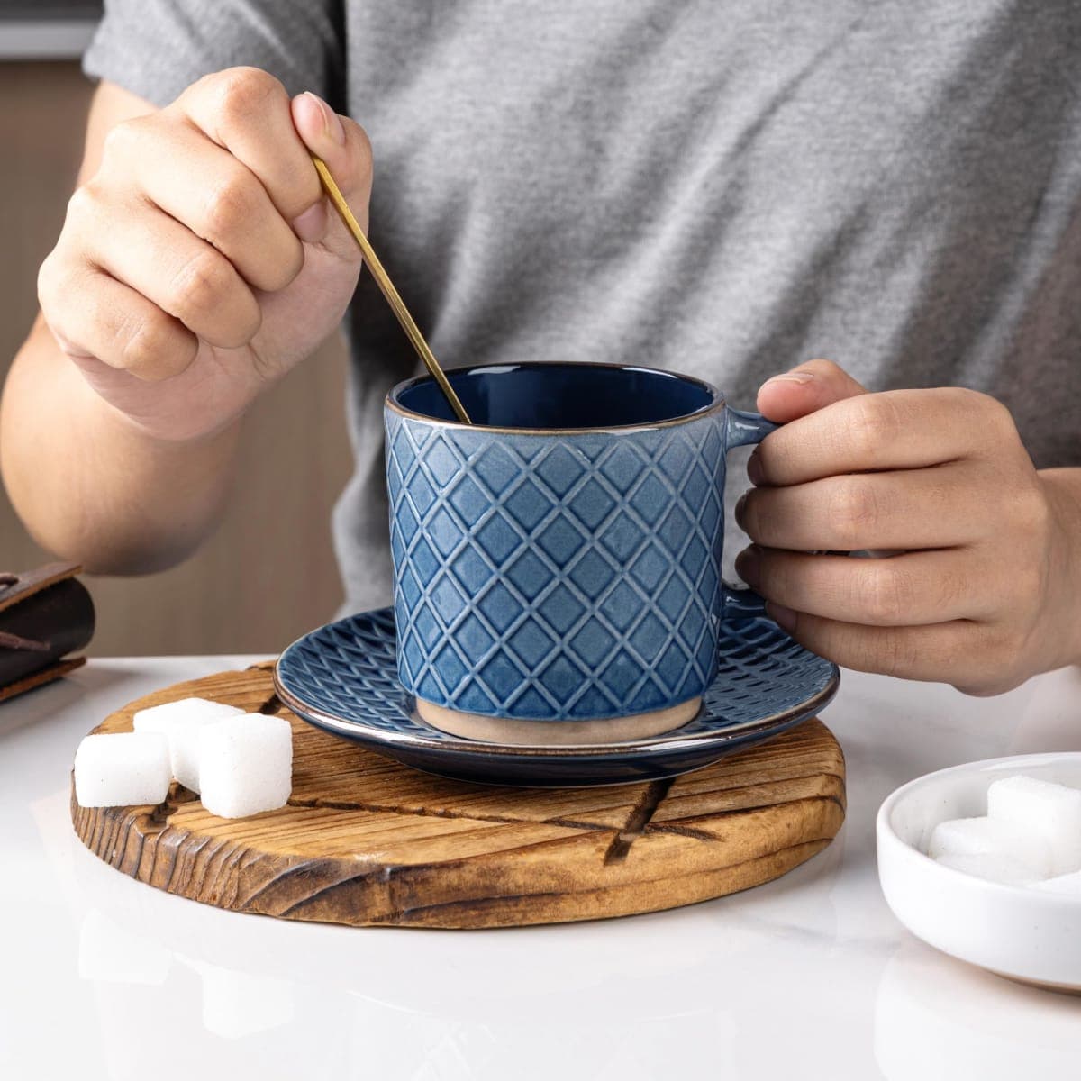 GBHOME 6 OZ Stackable Coffee Mugs, Ceramic Coffee Mugs with Texture Patterns for Man,Woman,Dad,Mom, Modern Coffee Cups Set of 4 for Espresso/Cappuccino/Cocoa. Dishwasher&Microwave Safe, Moonlight Blue thumbnail 5