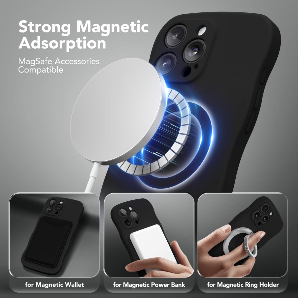 SuydanBox Magnetic for iPhone 16 Pro Case, [Full Camera Protection][Compatible with MagSafe] Cute Wave Frame Silicone Shockproof Protective Phone Case for iPhone 16 Pro 6.3", Black thumbnail 2
