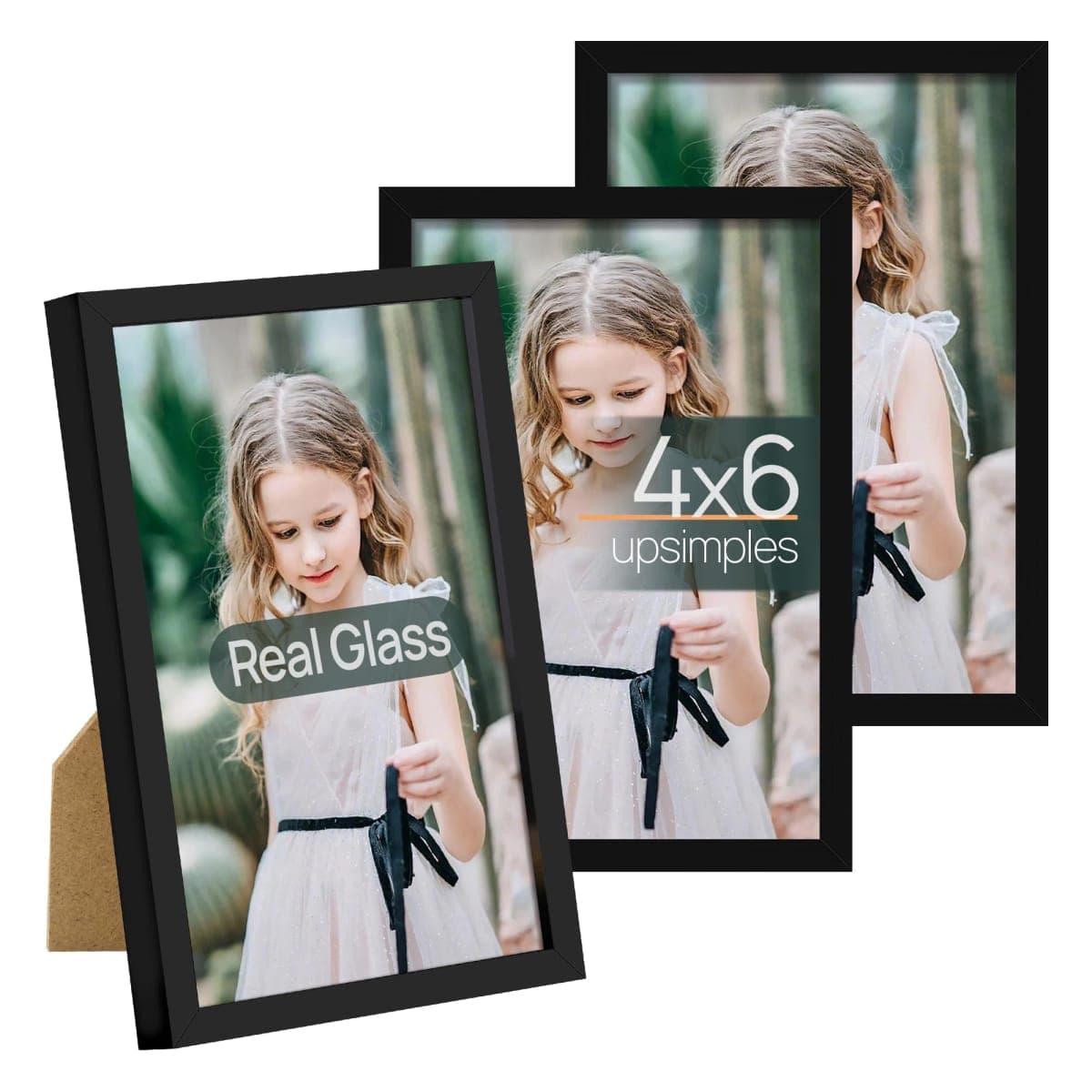 upsimples 4x6 Picture Frame Set of 3, Made of High Definition Glass for 4 x 6, Wall and Tabletop Display Thin Border Photo Frames for Home Decor, Black