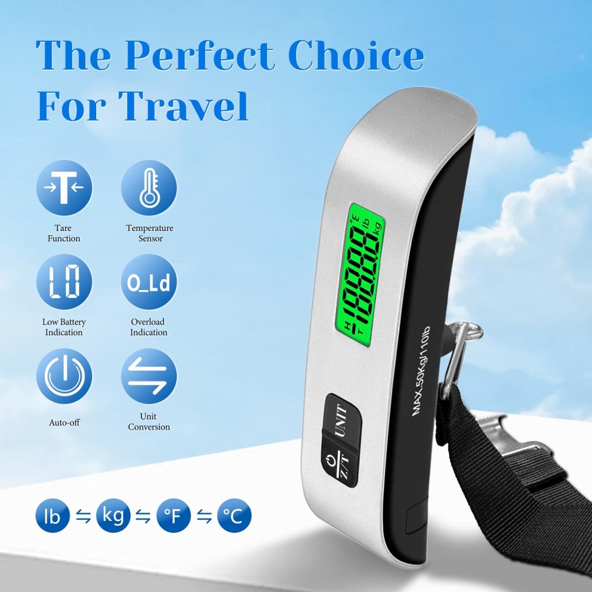 Luggage Scale, 110lb Luggage Weight Scale with 4 Unit Switching Functions&LED Display, Luggage Scale Travel Digital for Weighing Luggage, Backpacks, Packages and Markets thumbnail 3
