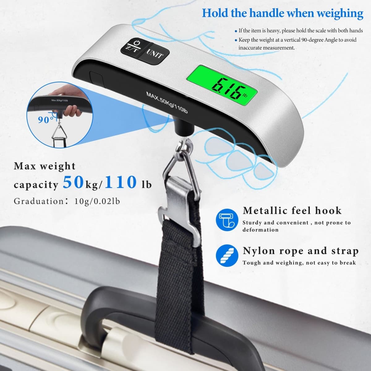 Luggage Scale, 110lb Luggage Weight Scale with 4 Unit Switching Functions&LED Display, Luggage Scale Travel Digital for Weighing Luggage, Backpacks, Packages and Markets thumbnail 4