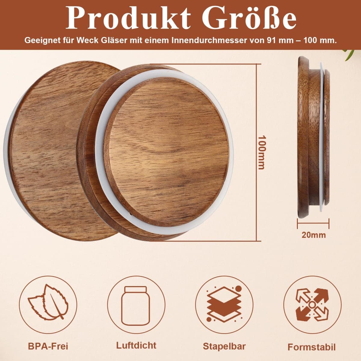 2 Pack Lids for Weck Jars 100mm Opening Acacia Tulip Glass Jar Lid with Silicone Airtight Jar Wooden Lids Large 4.25" Reusable Fits for Weck Jar Models 738 739 740 741 742 743 744 745 776 748 974 thumbnail 2