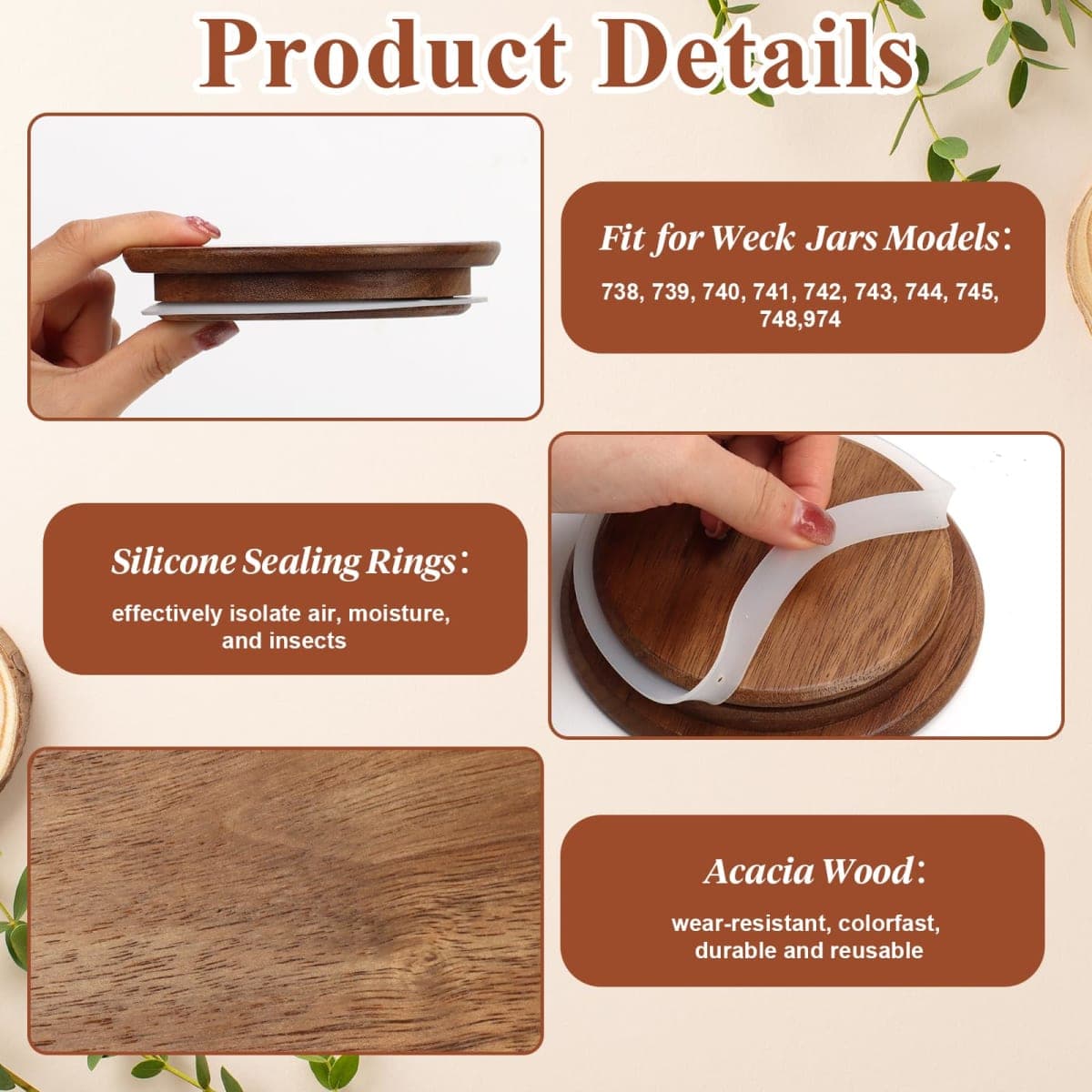 2 Pack Lids for Weck Jars 100mm Opening Acacia Tulip Glass Jar Lid with Silicone Airtight Jar Wooden Lids Large 4.25" Reusable Fits for Weck Jar Models 738 739 740 741 742 743 744 745 776 748 974 thumbnail 3