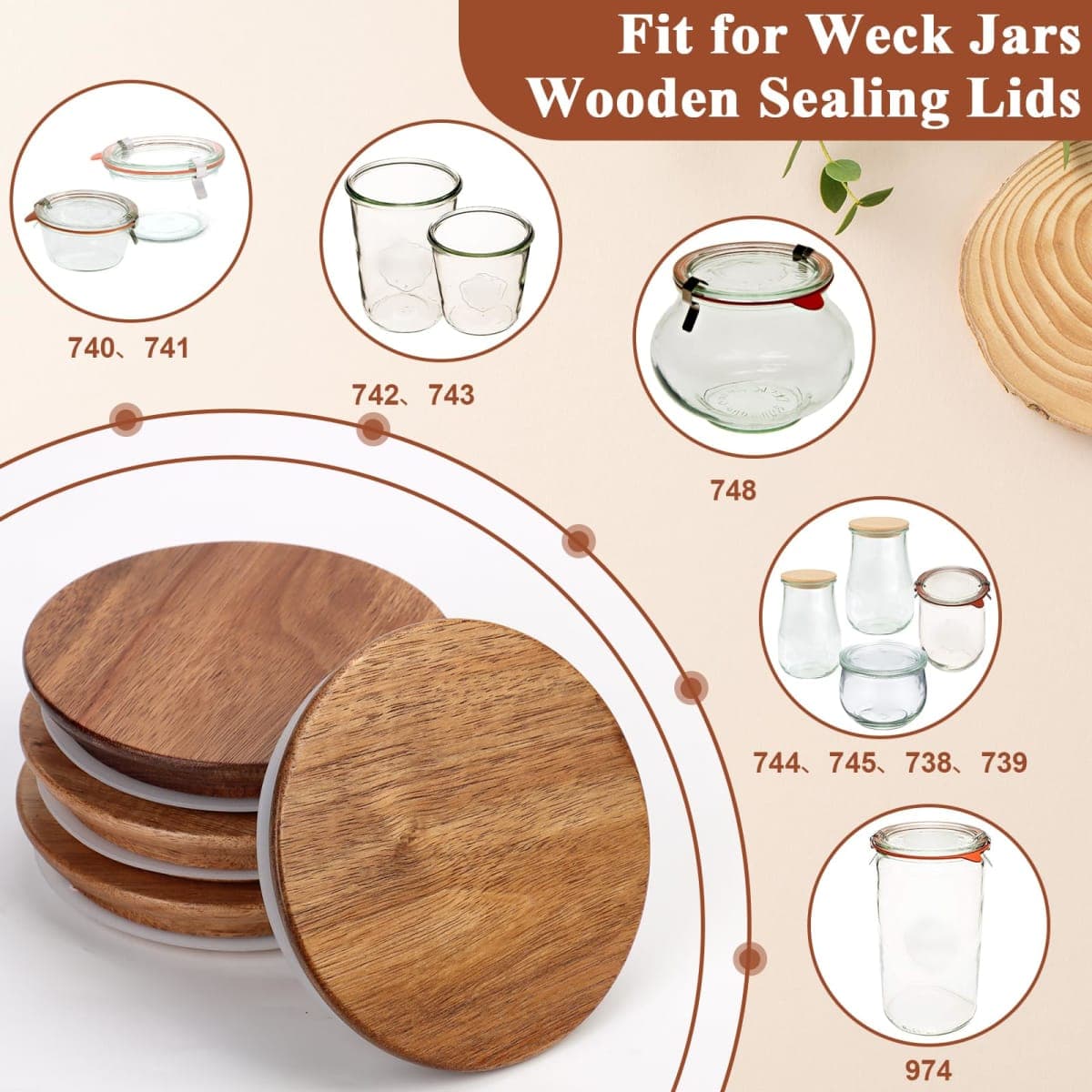 2 Pack Lids for Weck Jars 100mm Opening Acacia Tulip Glass Jar Lid with Silicone Airtight Jar Wooden Lids Large 4.25" Reusable Fits for Weck Jar Models 738 739 740 741 742 743 744 745 776 748 974 thumbnail 5