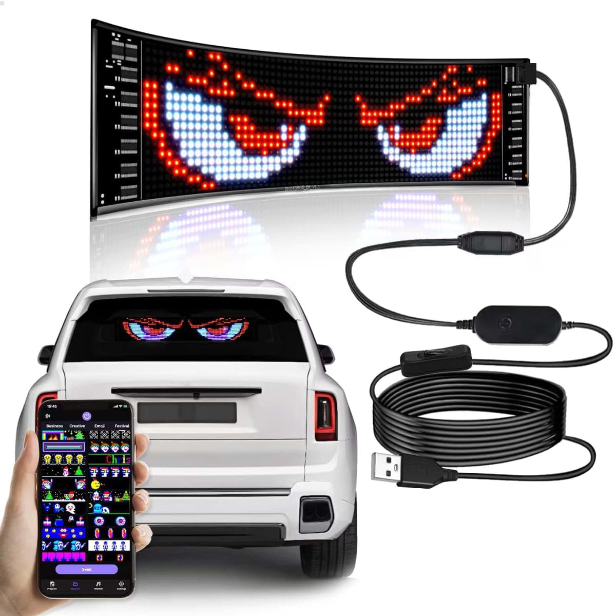 Devil Eyes Light for Cars,Programmable LED Sign,LED Sign for Car,Bluetooth APP Control,DIY Design Text, Patterns, Animations(15"x 4")
