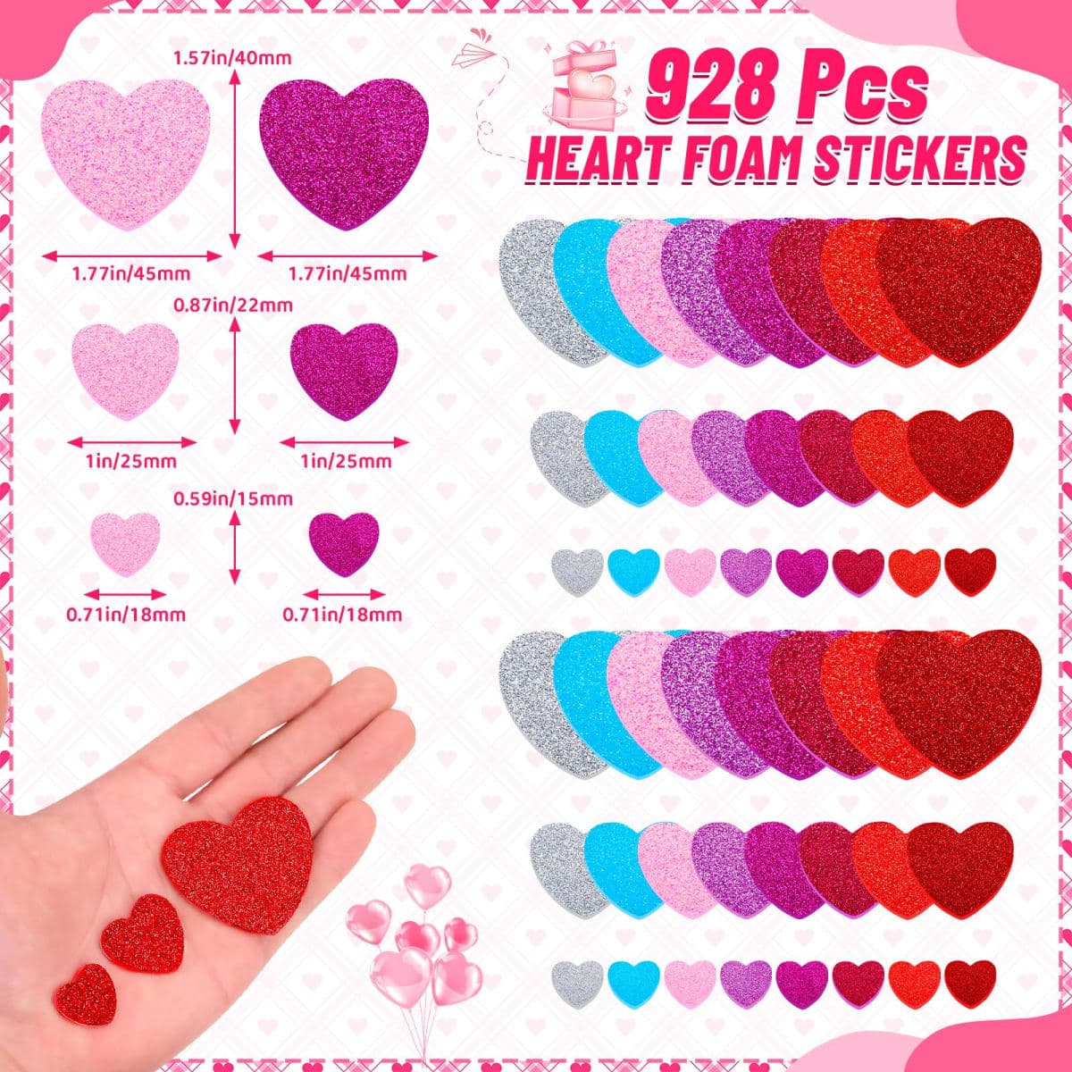 928Pcs Glitter Valentines Heart Stickers, Self-Adhesive Glitter Foam Heart Shape Craft Supplies Sticker thumbnail 2
