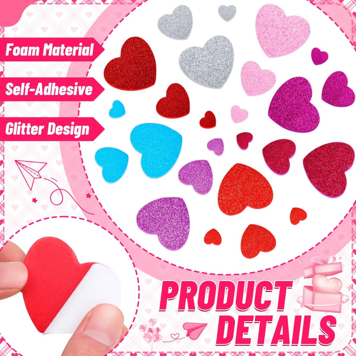 928Pcs Glitter Valentines Heart Stickers, Self-Adhesive Glitter Foam Heart Shape Craft Supplies Sticker thumbnail 3