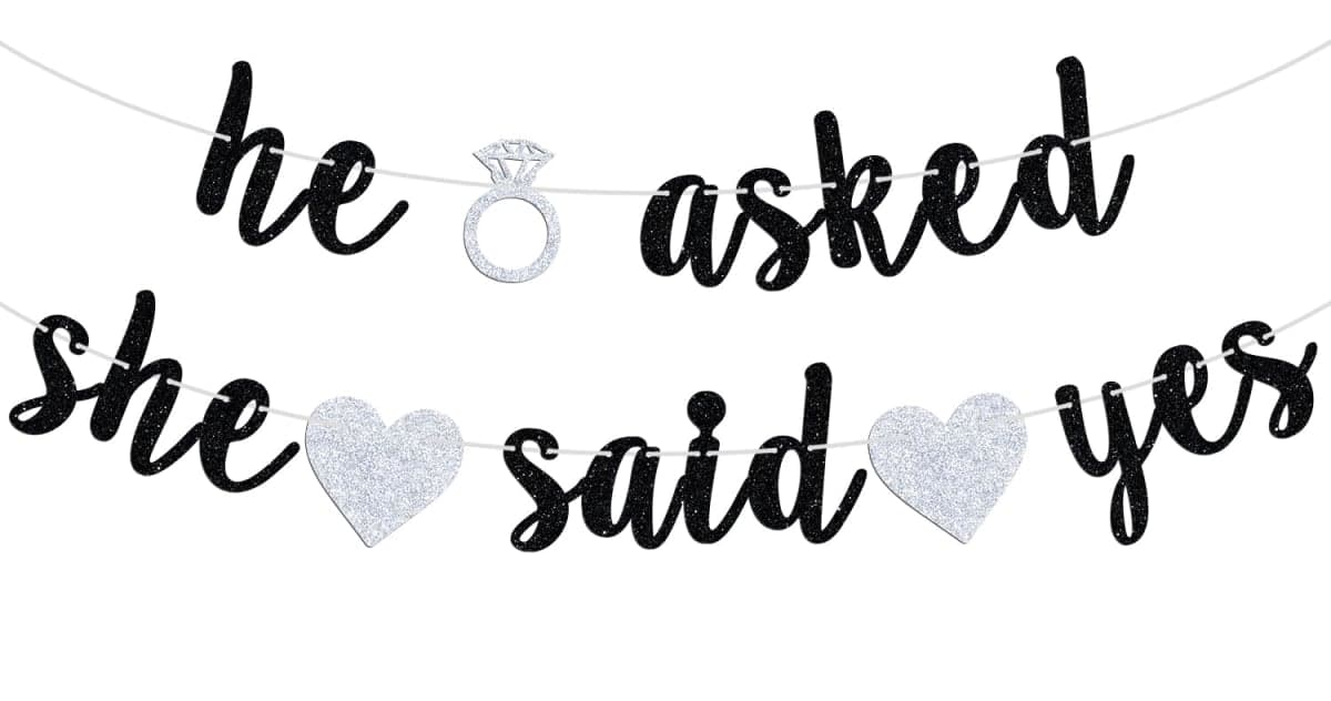 He Asked She Said Yes Banner, Black Glitter Bunting Sign for Engagement, Wedding, Bride to Be, Groom to Be, Bridal Shower, Valentine's Day Party Decorations Supplies