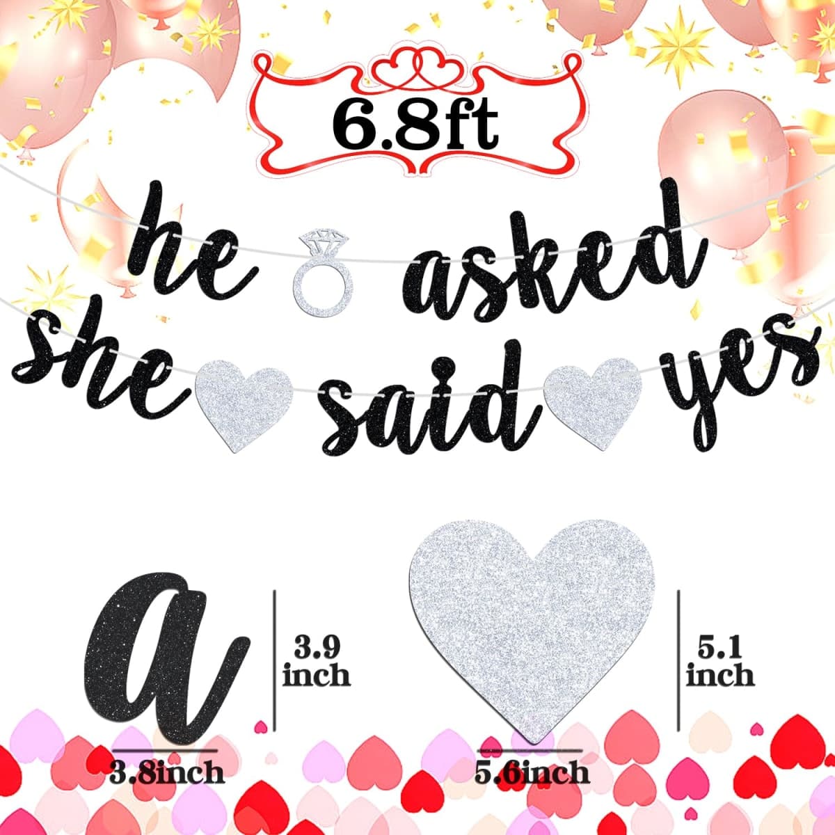 He Asked She Said Yes Banner, Black Glitter Bunting Sign for Engagement, Wedding, Bride to Be, Groom to Be, Bridal Shower, Valentine's Day Party Decorations Supplies thumbnail 2