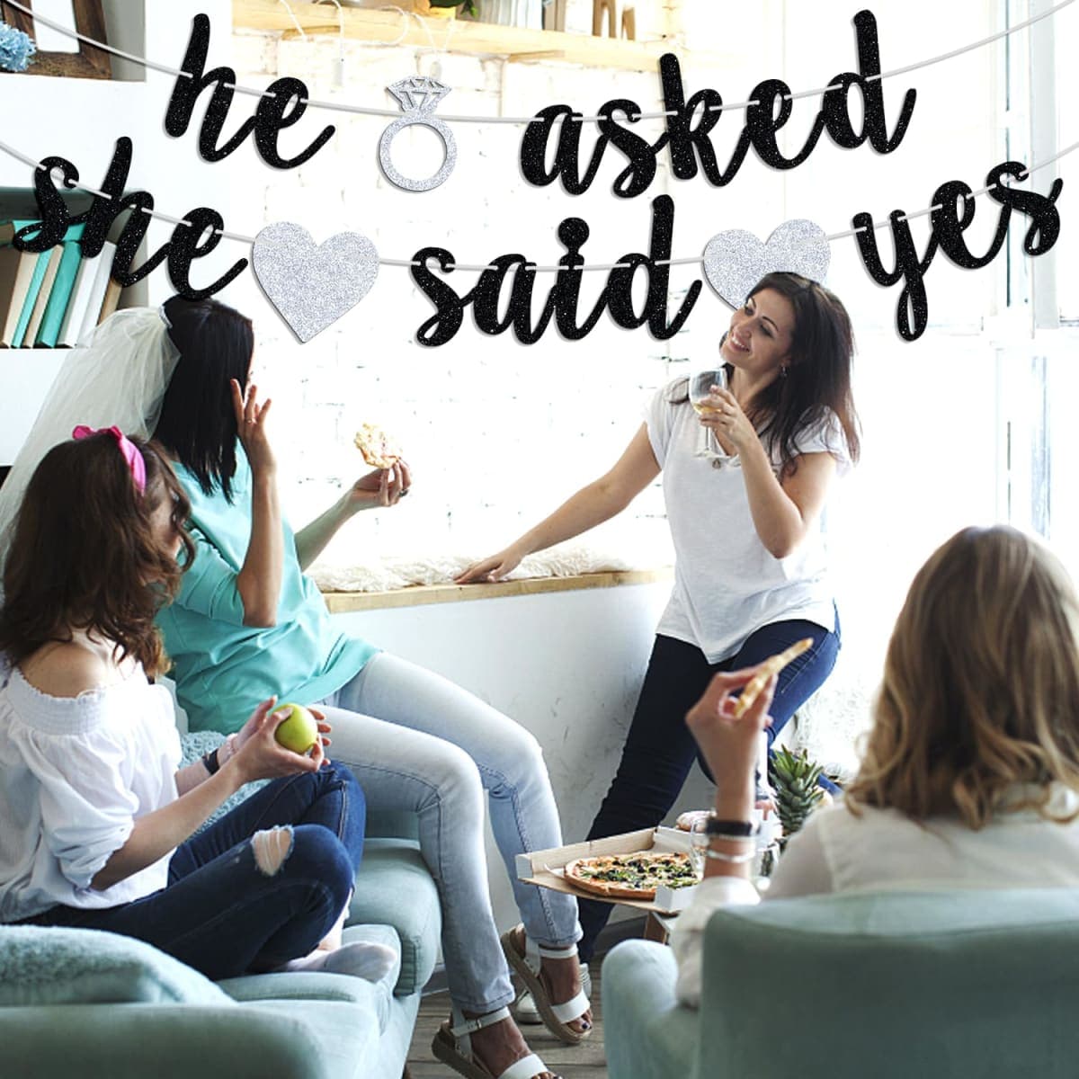 He Asked She Said Yes Banner, Black Glitter Bunting Sign for Engagement, Wedding, Bride to Be, Groom to Be, Bridal Shower, Valentine's Day Party Decorations Supplies thumbnail 3