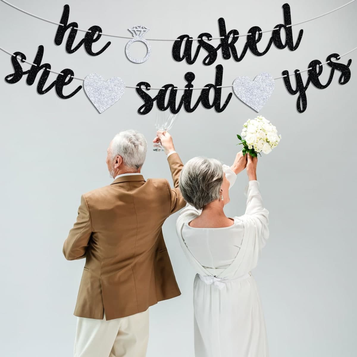 He Asked She Said Yes Banner, Black Glitter Bunting Sign for Engagement, Wedding, Bride to Be, Groom to Be, Bridal Shower, Valentine's Day Party Decorations Supplies thumbnail 4