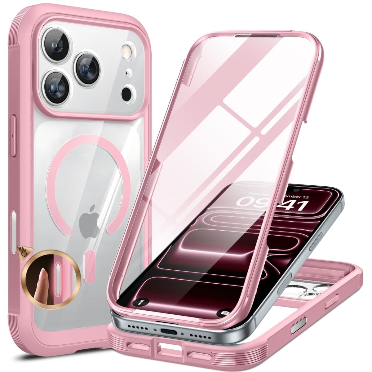 Miracase for iPhone 17 Pro Max Case 6.9" Full-Body Phone Case with Built-in Glass Screen Protector& Full Camera Protector,[Magnetic with MagSafe] Drop Proof 17 ProMax Cover, Light Pink