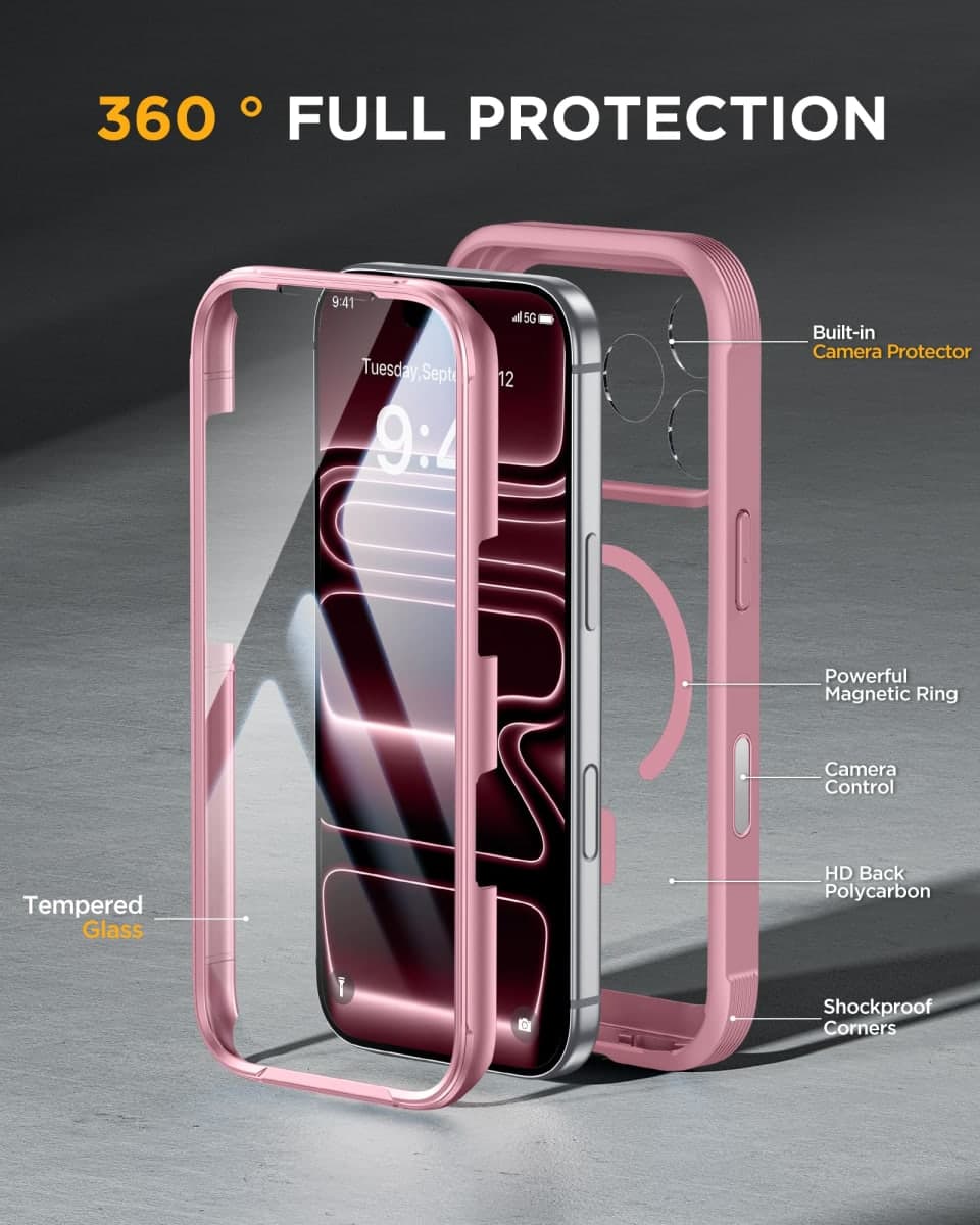 Miracase for iPhone 17 Pro Max Case 6.9" Full-Body Phone Case with Built-in Glass Screen Protector& Full Camera Protector,[Magnetic with MagSafe] Drop Proof 17 ProMax Cover, Light Pink thumbnail 2
