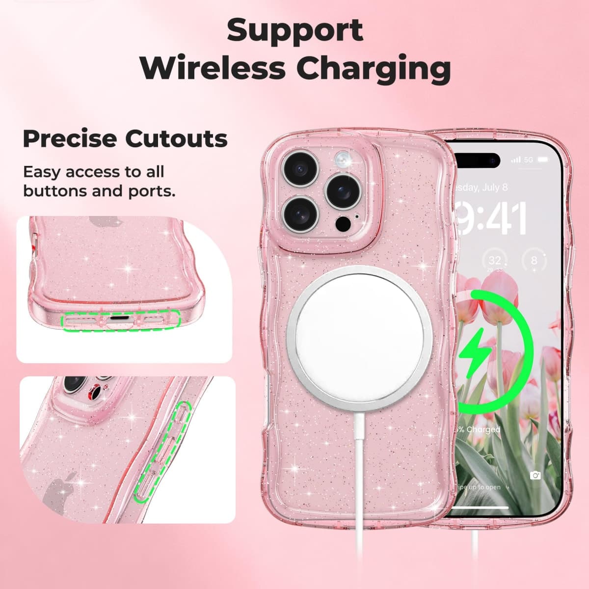 FABSPARK for iPhone 16 Pro Phone Case,Cute Laser Colorful Retro Exquisite Curly Wave Wavy Edge Case,Aesthetic Soft TPU Protective for iPhone 16 Pro 6.3 Inch,Bright Green thumbnail 3