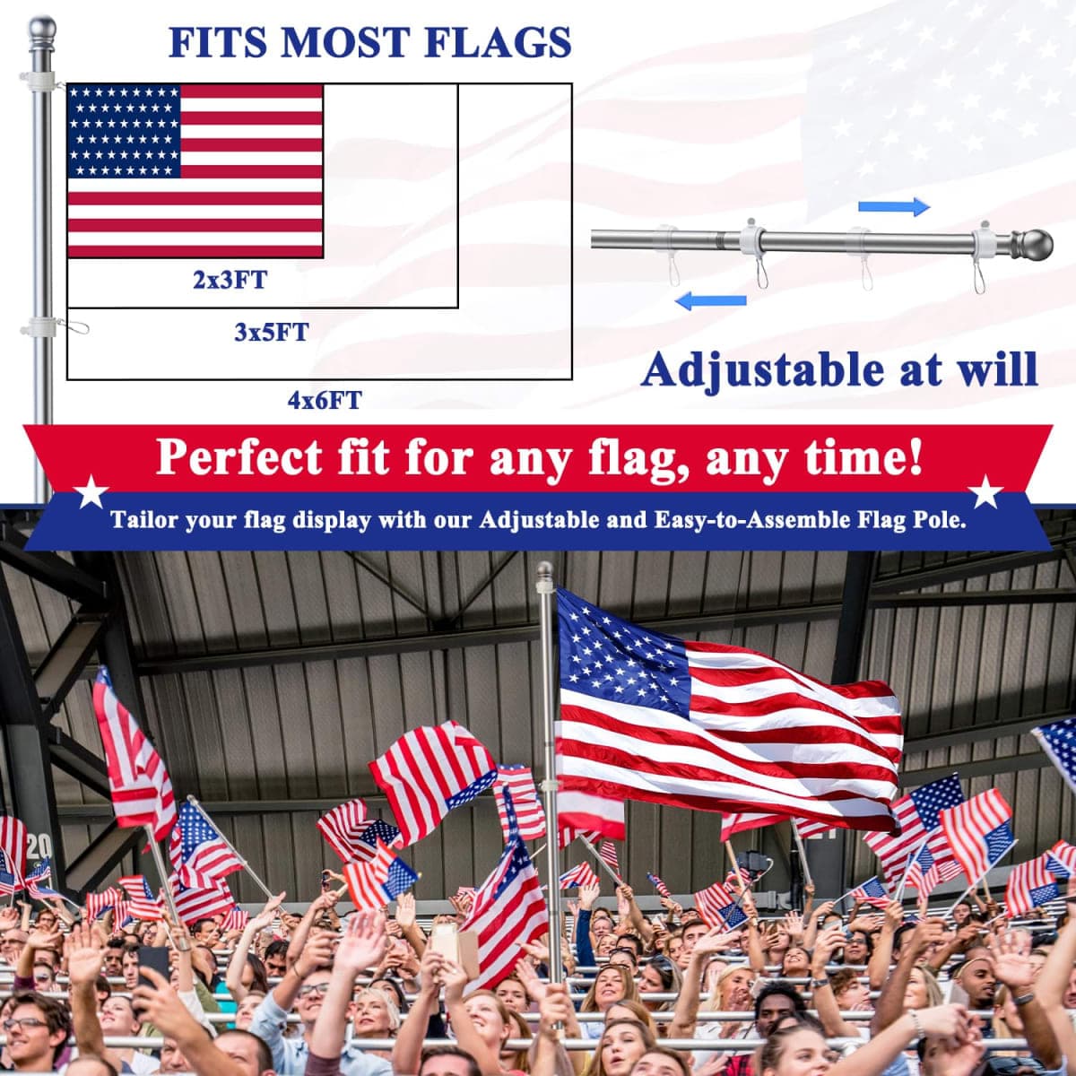 PHITRIC Flag Pole, Tangle Free Spinning Stainless Steel Rustproof Flagpole for 3x5 Sports Fan Outdoor Flags for Outside House (Silver, 5FT, Without Bracket) thumbnail 4