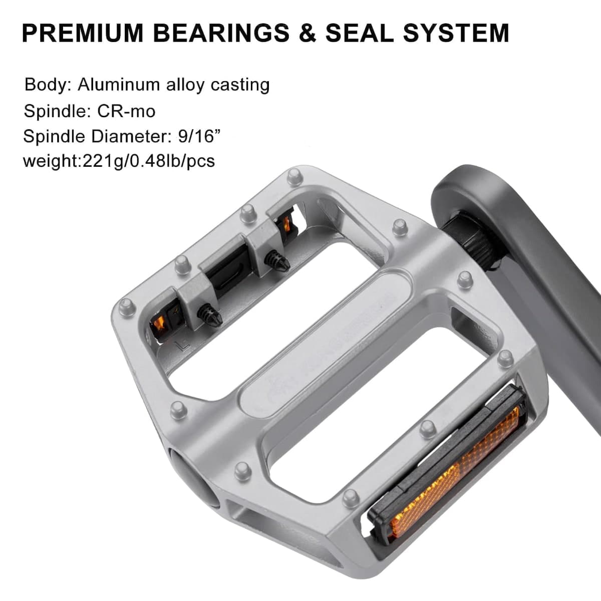 Mountain Bike Pedals 9/16 Inch - Bicycle Flat Pedals with Reflectors - Lightweight Aluminum Alloy Wide Platform Pedals for Mountain Bike, BMX, Road Bike Pedals (Silver) thumbnail 5